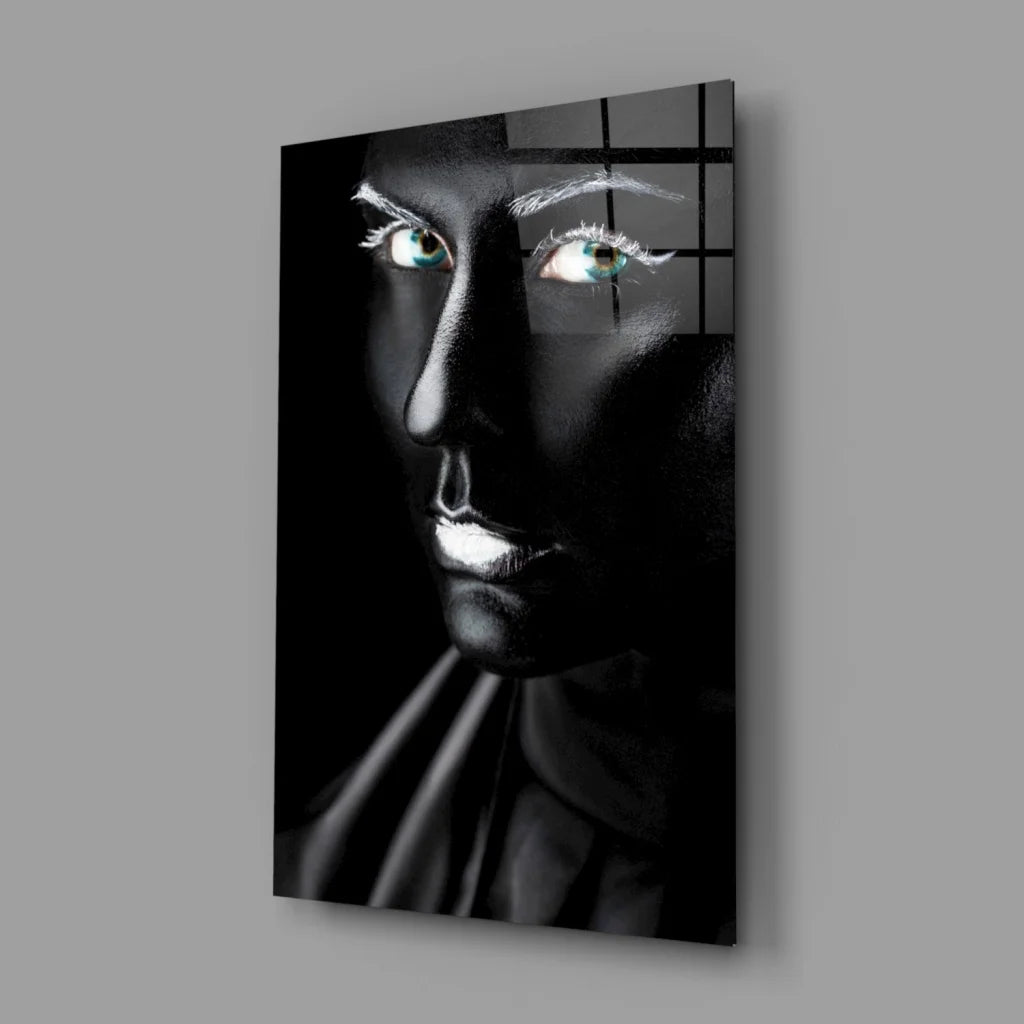 Black and white Batman mask with striking green eyes glass wall art