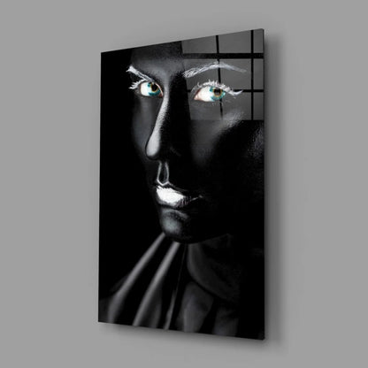 Black and white Batman mask with striking green eyes glass wall art