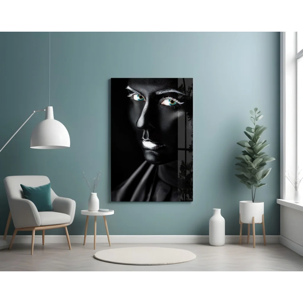Striking green eyed Batman glass wall art portrait in black and white