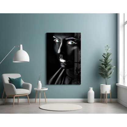 Striking green eyed Batman glass wall art portrait in black and white