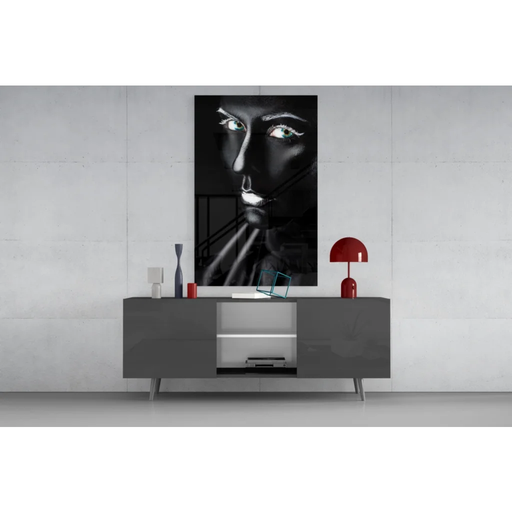 Striking Green Eyed Batman glass wall art portrait with abstract face