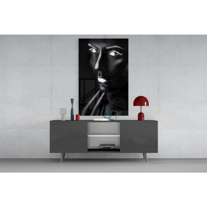 Striking Green Eyed Batman glass wall art portrait with abstract face