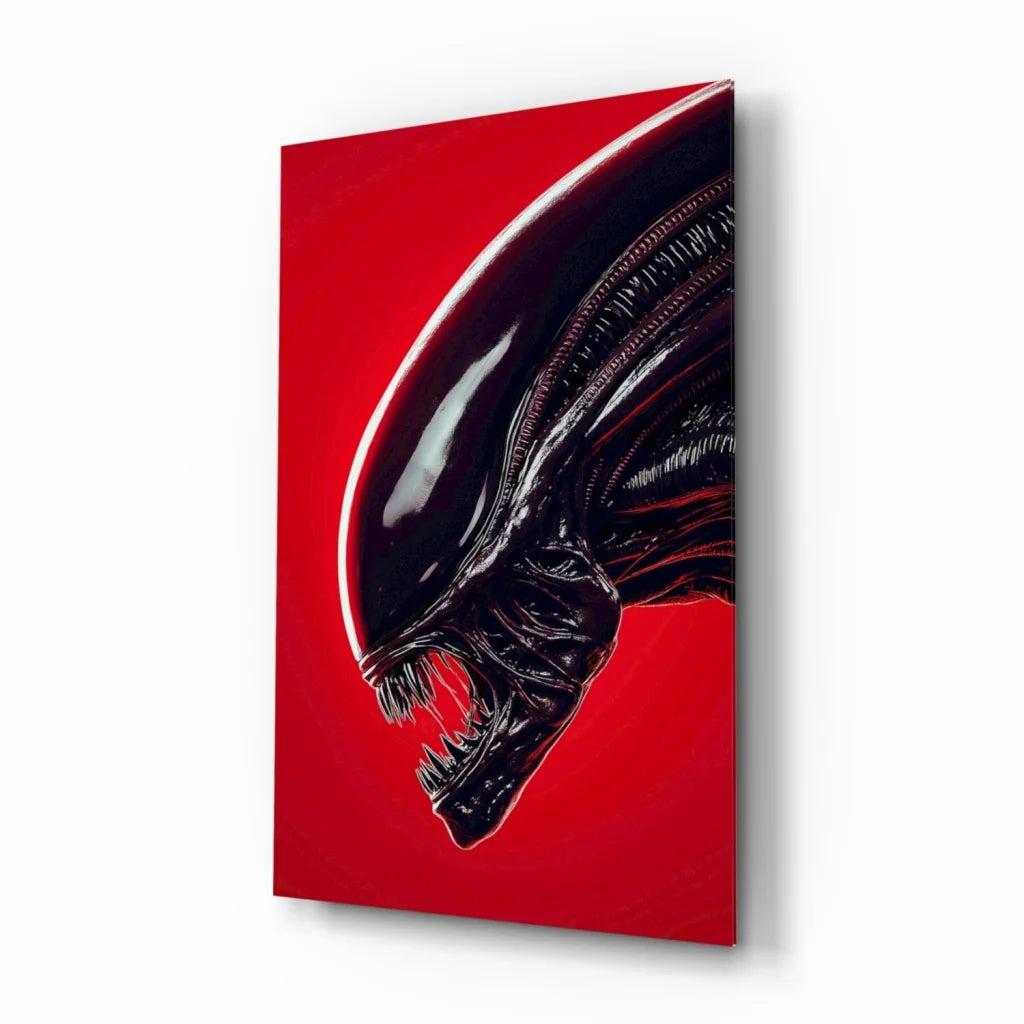 Striking red alien head glass wall art print