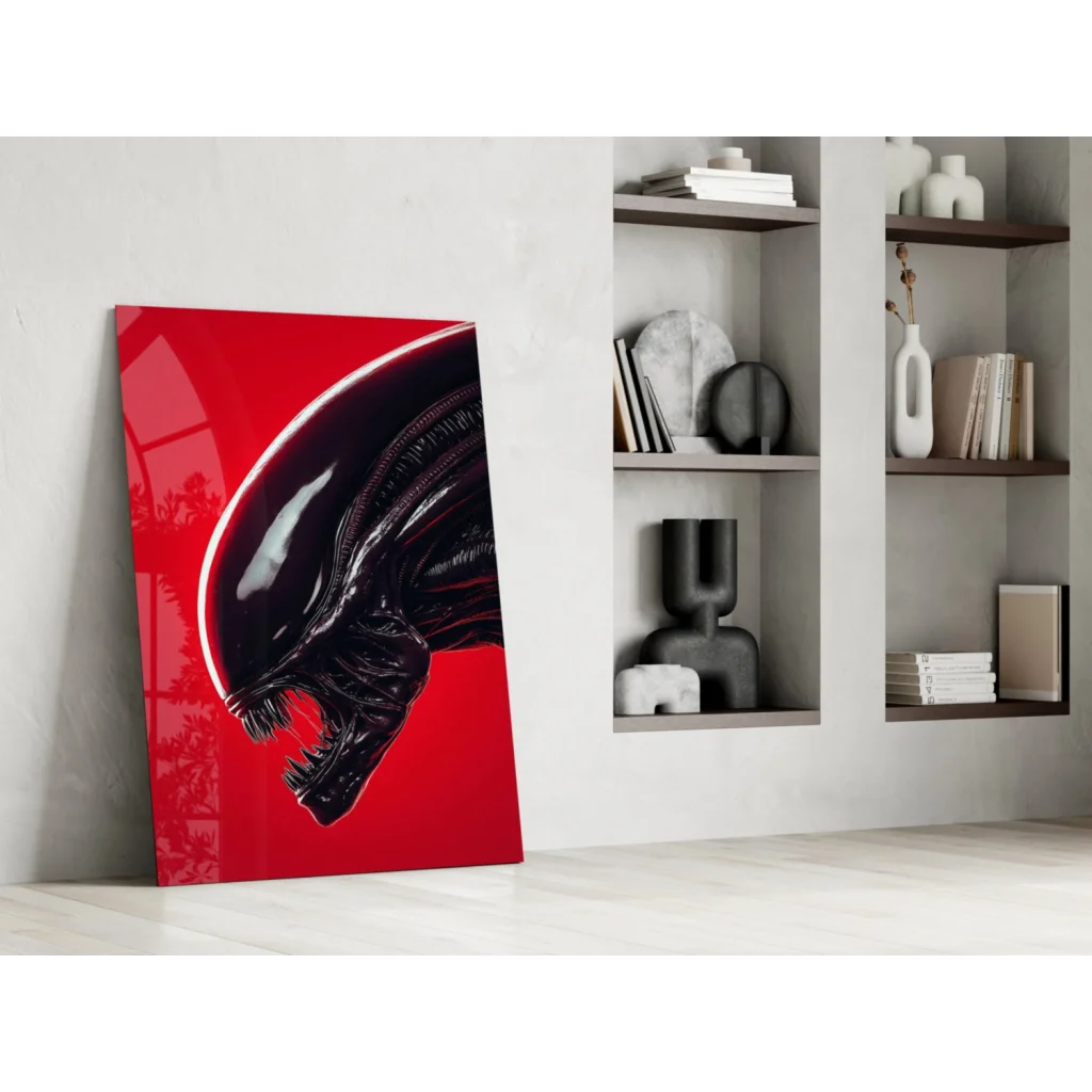 Striking red alien head glass wall art print on canvas