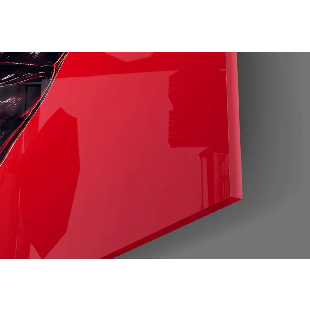 Striking red alien head glass wall art with glossy red panel