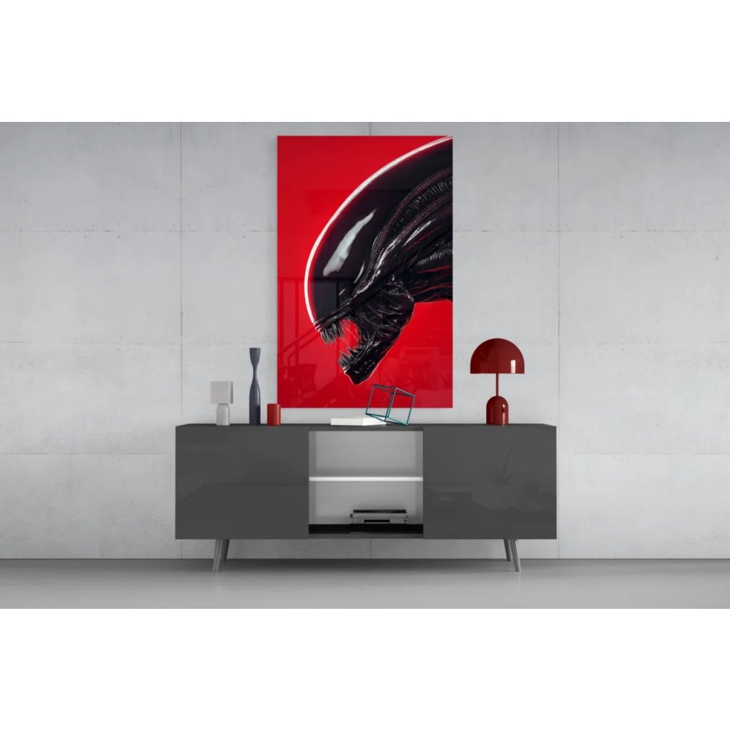 Striking red alien head glass wall art print with glossy finish