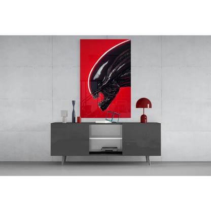 Striking red alien head glass wall art print with glossy finish