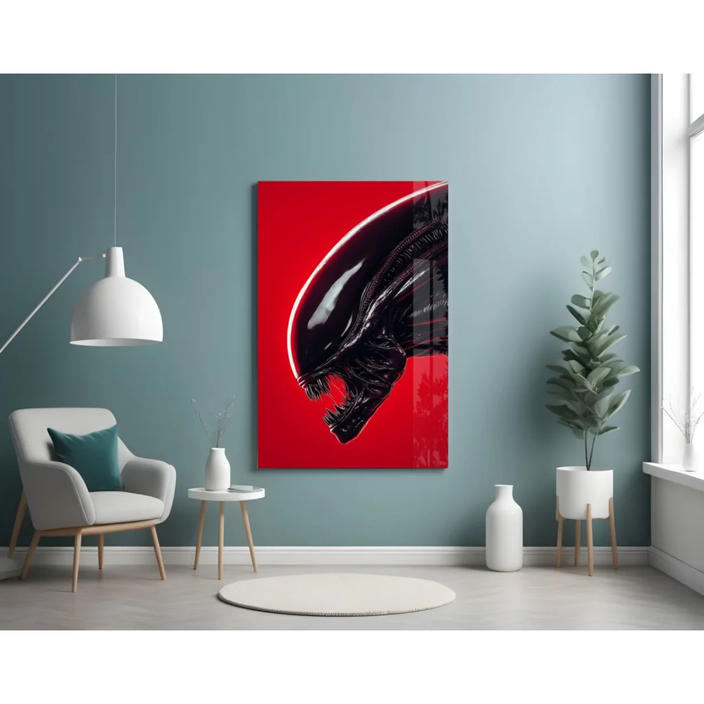 Striking red alien head glass wall art print