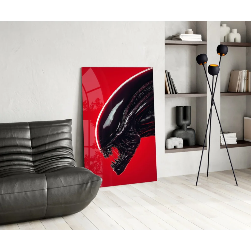 Striking red alien head glass wall art print