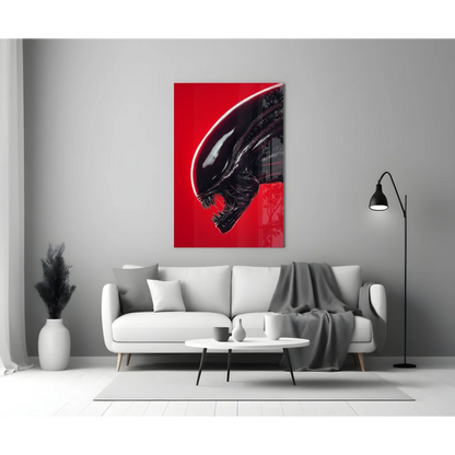 Striking red alien head glass wall art print