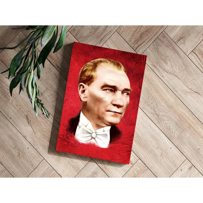 Striking red canvas portrait of gentleman in white bow tie