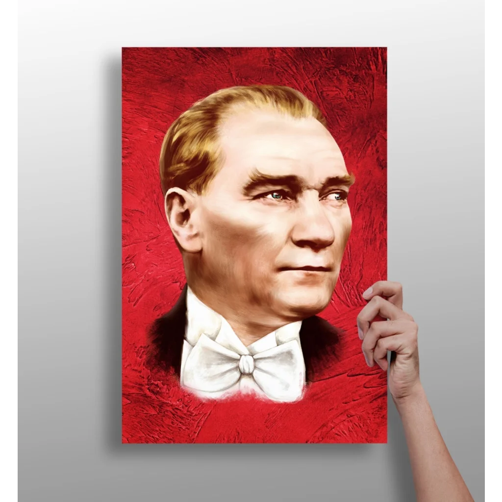 Vibrant red canvas portrait of light brown haired gentleman in white bow tie