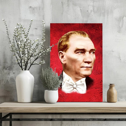 Striking red canvas portrait of gentleman in white bow tie