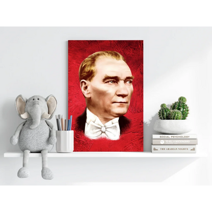 Vibrant red canvas portrait of gentleman in white bow tie formal attire