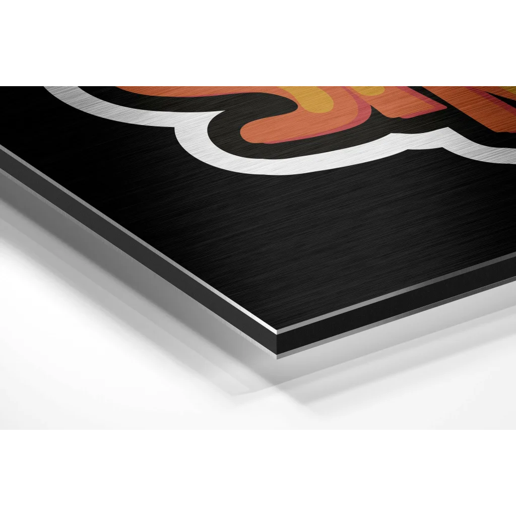 Brushed aluminium dibond wall art with orange white logo