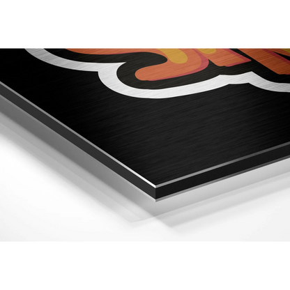Brushed aluminium dibond wall art with orange white logo