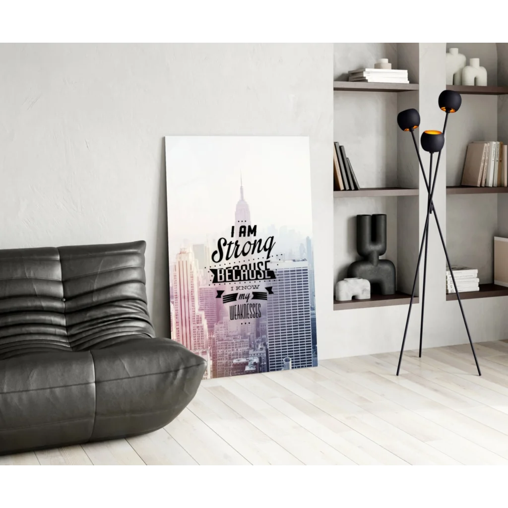 Stunning glass wall art print of city skyline with strength quote