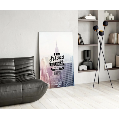 Stunning glass wall art print of city skyline with strength quote
