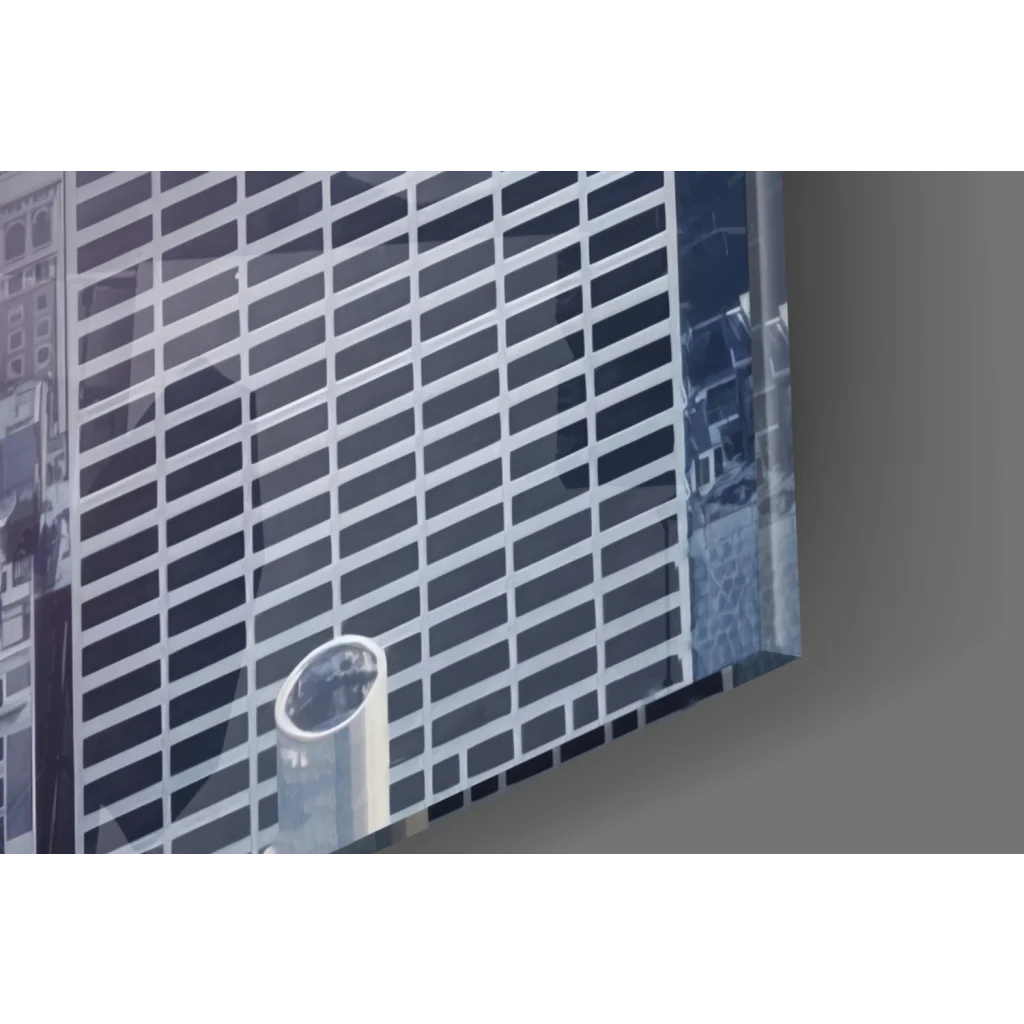 Sleek modern glass wall art with white slats and dark panels
