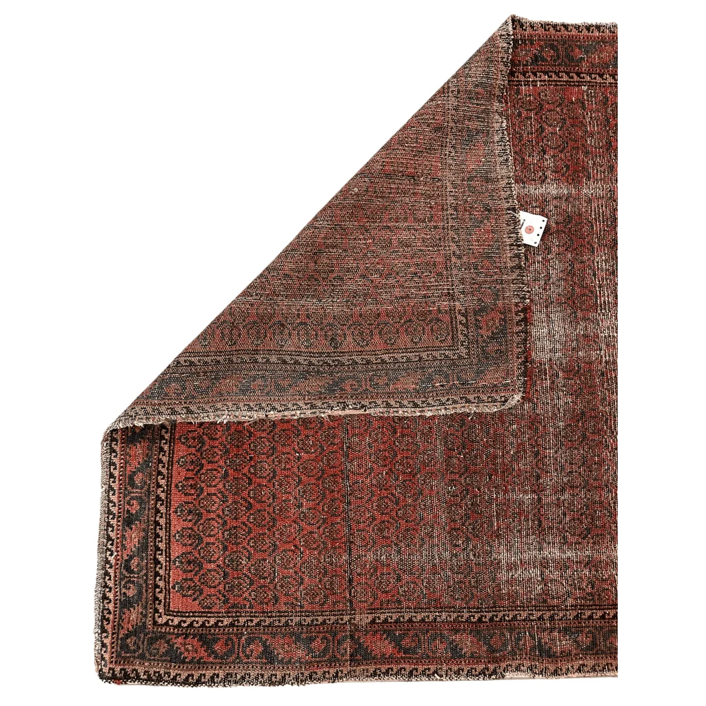 Vintage 1900s Persian hand-knotted wool rug in red and black with geometric borders