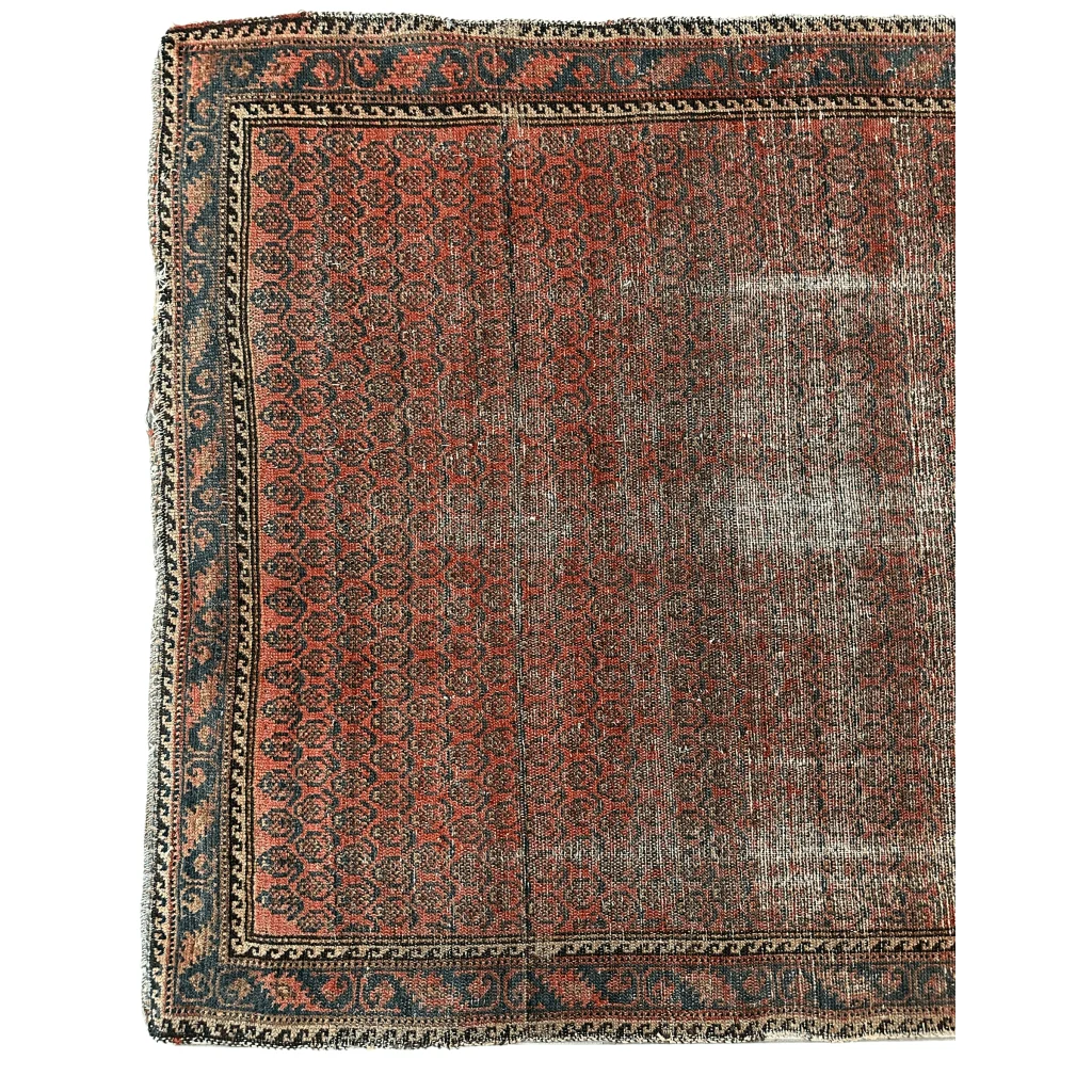 Vintage 1900s Persian wool rug with faded red field and black geometric borders