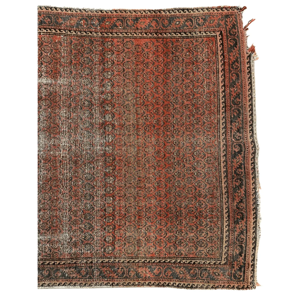 Stunning 1900s Persian hand-knotted wool rug in vintage red black pattern with fringe