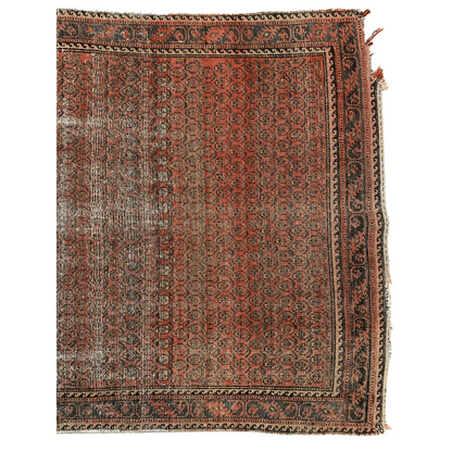 Stunning 1900s Persian hand-knotted wool rug in vintage red black pattern with fringe