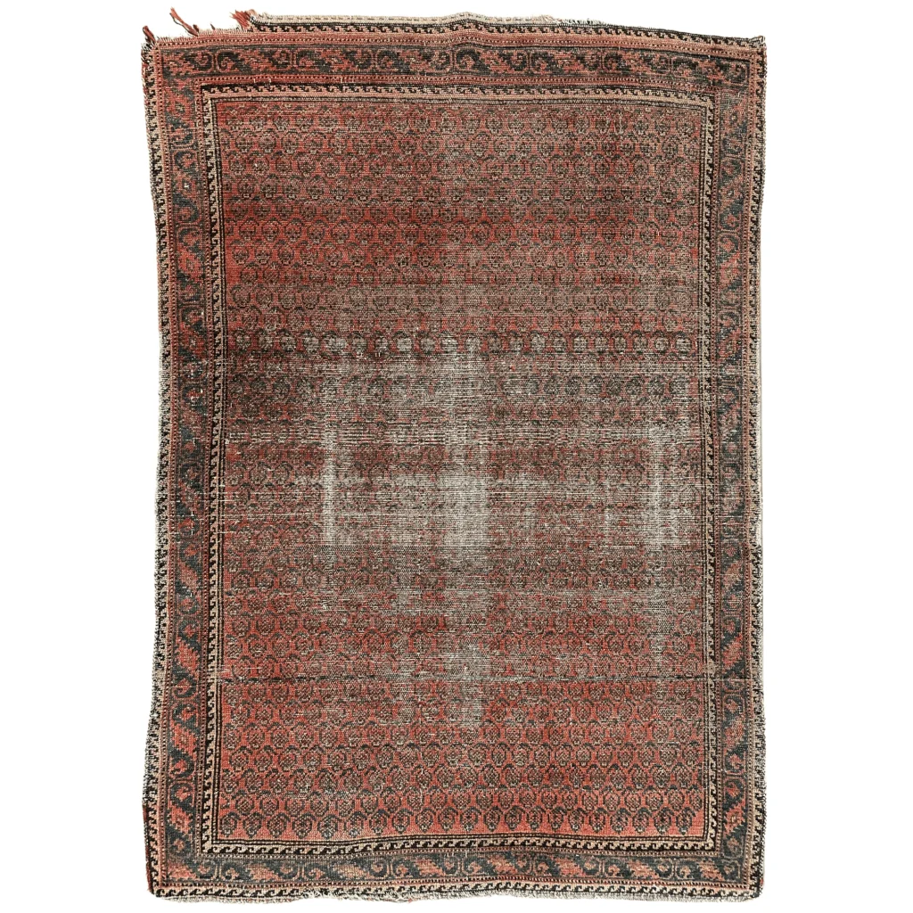 Vintage 1900s Persian hand-knotted wool rug in red and black with geometric borders