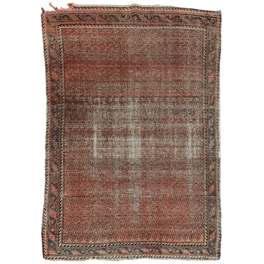 Vintage 1900s Persian hand-knotted wool rug in red and black with geometric borders