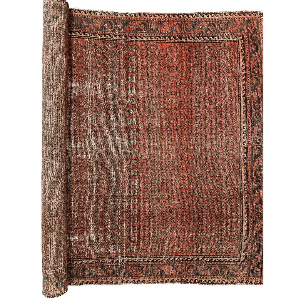 Vintage 1900s Persian wool rug with faded red field and dark borders