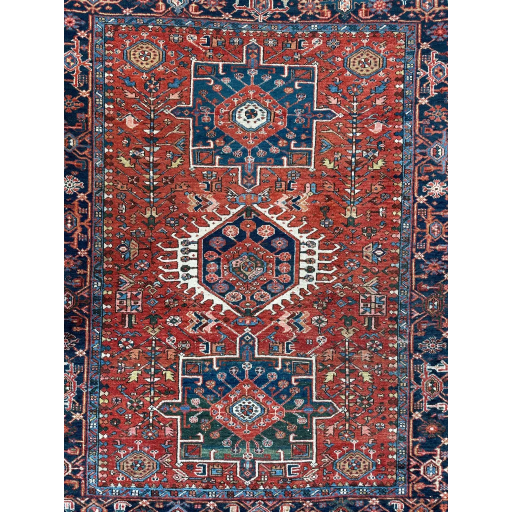 Stunning 1900s Persian Karaja rug with bold red medallion