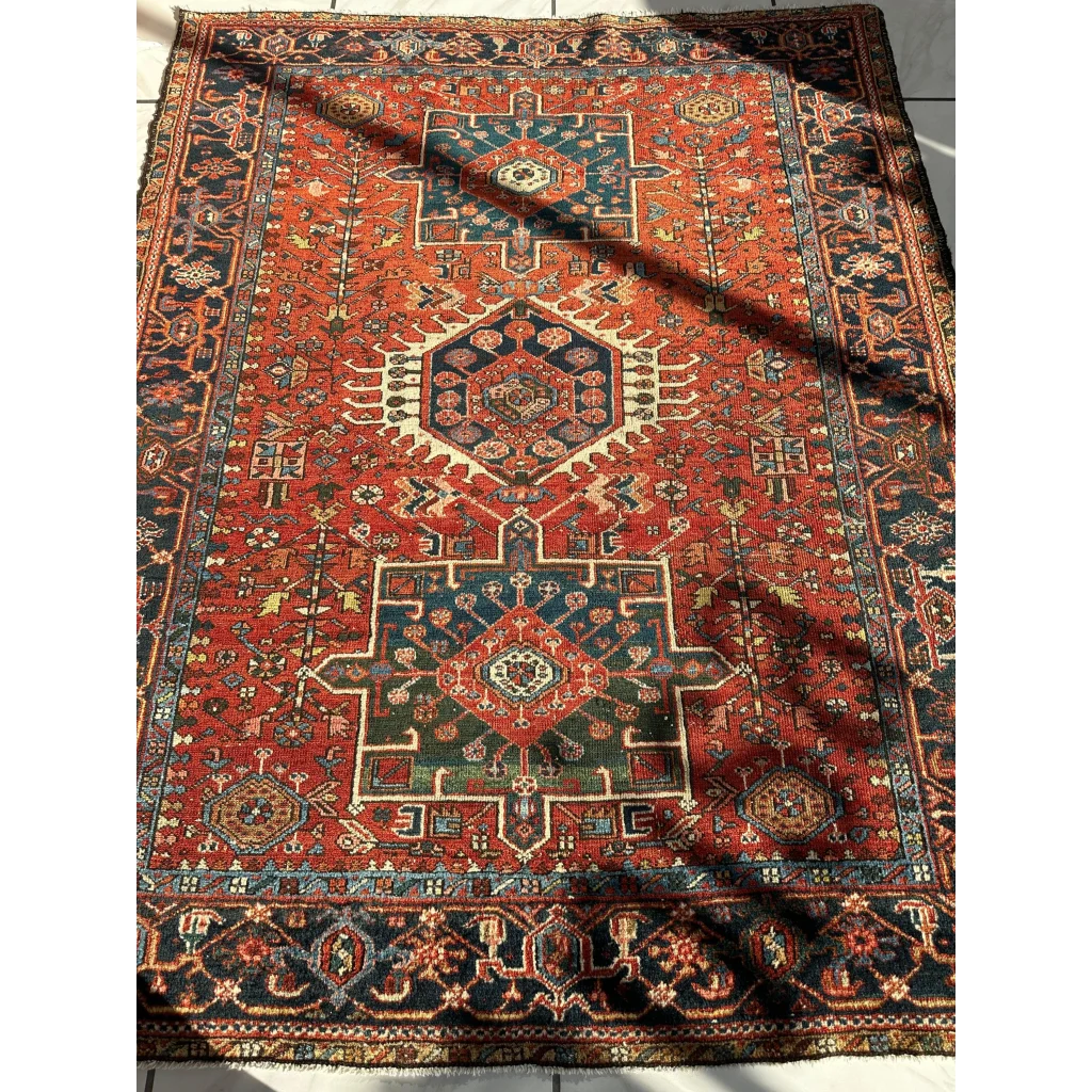 Stunning 1900s Persian Karaja rug with bold red medallion