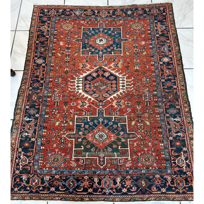 Vintage 1900s Persian Karaja rug with bold red medallion and intricate patterns