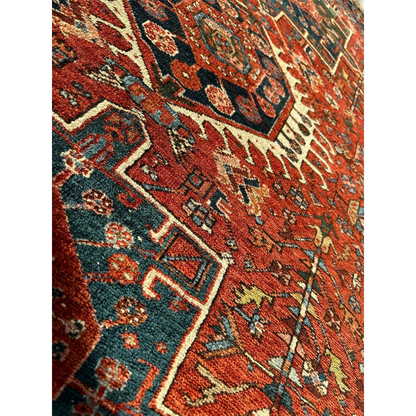 Stunning 1900s Persian Karaja rug with bold red medallion and intricate patterns