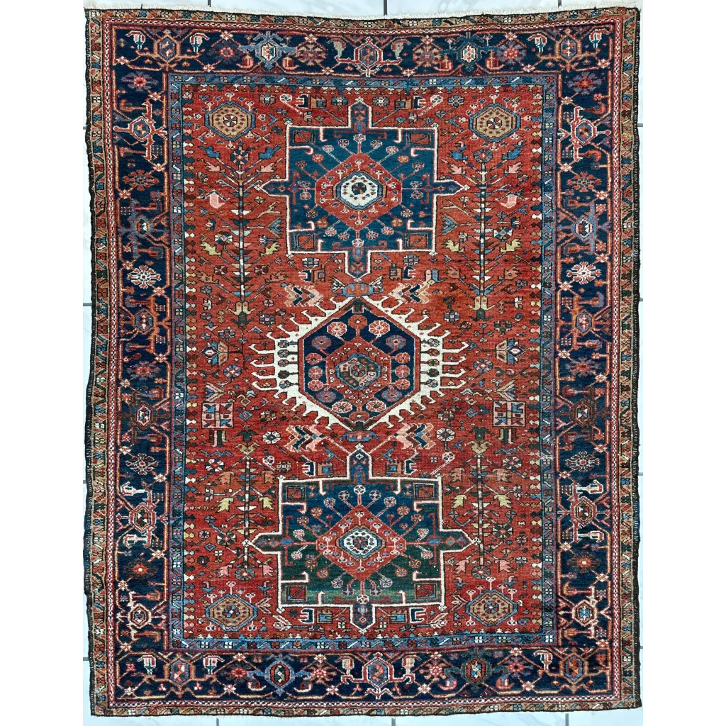 Stunning 1900s Persian Karaja rug with bold red medallion