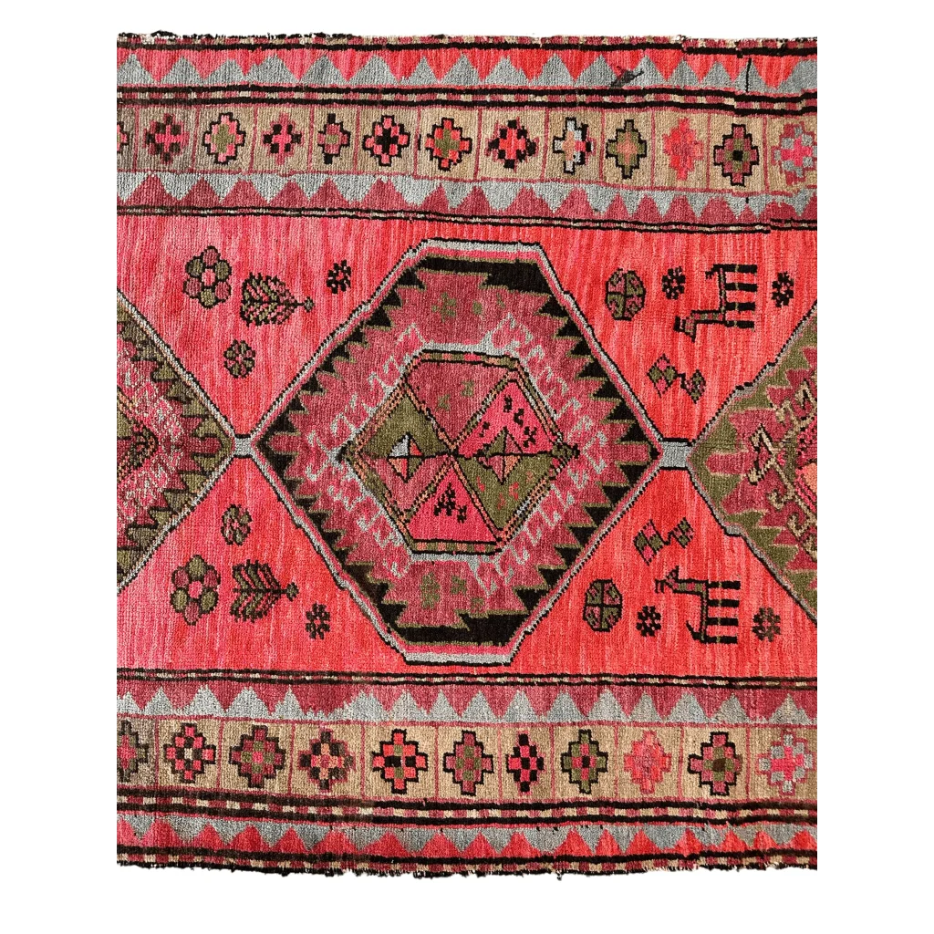 Antique 1910s Caucasian runner, border detail with geometric floral patterns, vibrant natural dyes