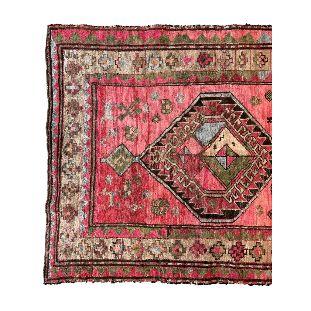 Vintage 1910s Caucasian runner, pink green geometric patterns with natural dye abrash color variation