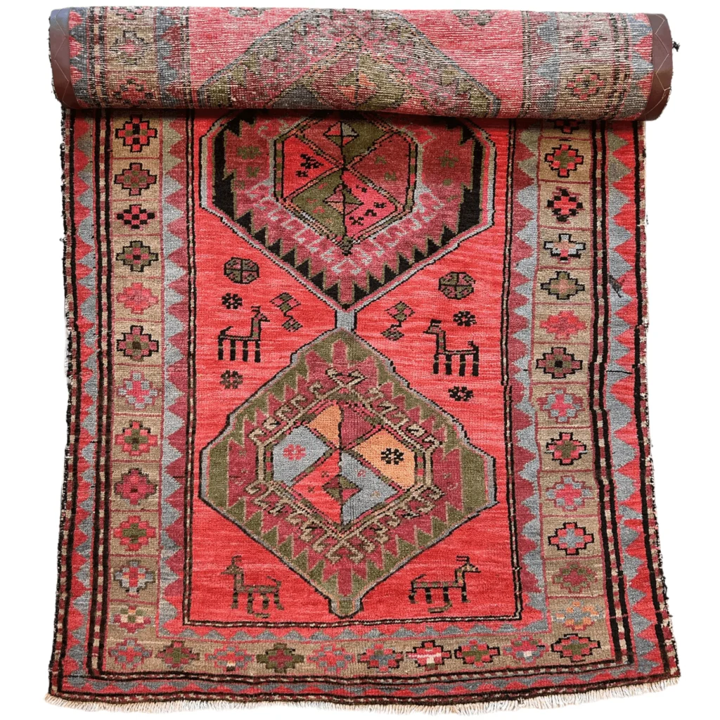 Antique 1910s Caucasian runner, full view, vibrant natural dye geometric patterns with abrash