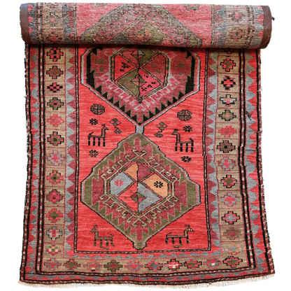 Antique 1910s Caucasian runner, full view, vibrant natural dye geometric patterns with abrash