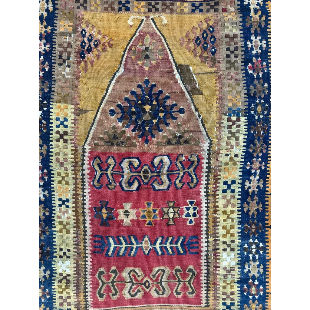 Antique 1920s Anatolian Turkish wool prayer rug with bold geometric patterns