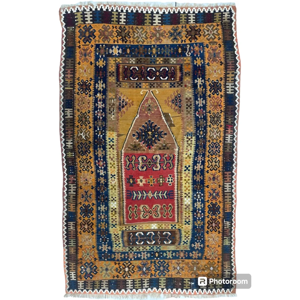 Antique 1920s Anatolian Turkish wool prayer rug with geometric floral patterns