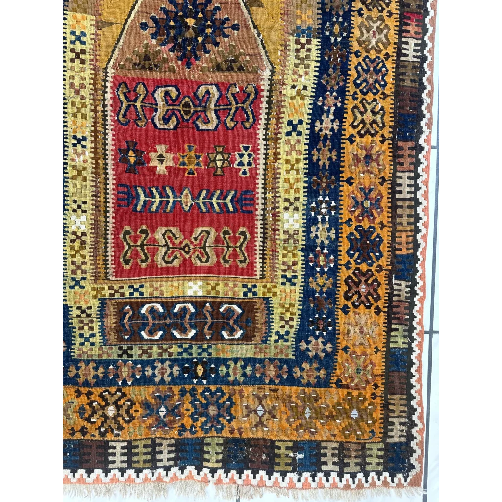 Antique 1920s Anatolian wool prayer rug geometric patterns hand-knotted Turkey