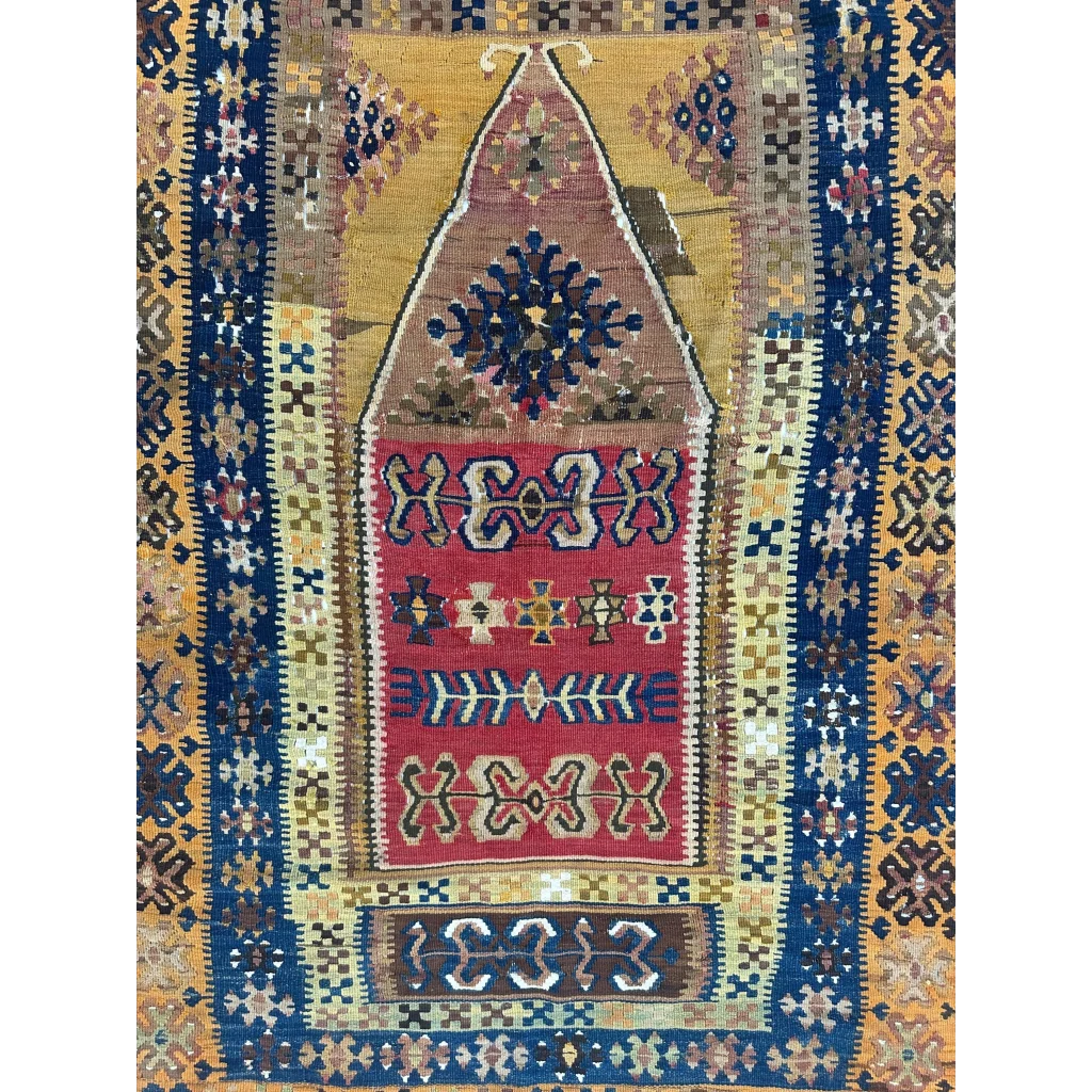 Antique 1920s Anatolian wool prayer rug with red and blue geometric pattern