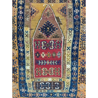 Antique 1920s Anatolian wool prayer rug with red and blue geometric pattern