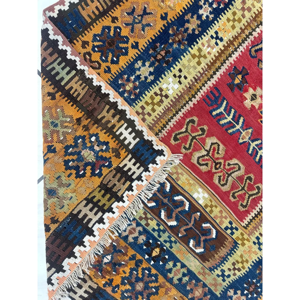 Vibrant 1920s antique Anatolian wool prayer rug with bold geometric patterns