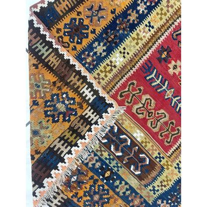 Vibrant 1920s antique Anatolian wool prayer rug with bold geometric patterns