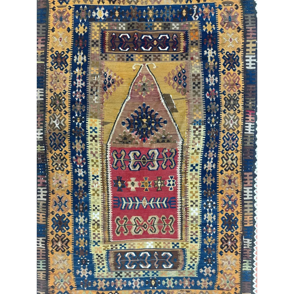 Antique 1920s Anatolian wool prayer rug with intricate geometric patterns