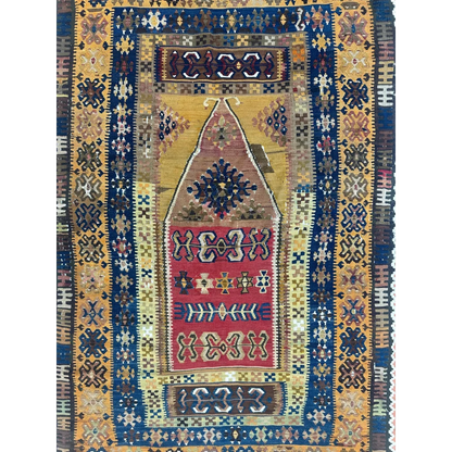 Antique 1920s Anatolian wool prayer rug with intricate geometric patterns