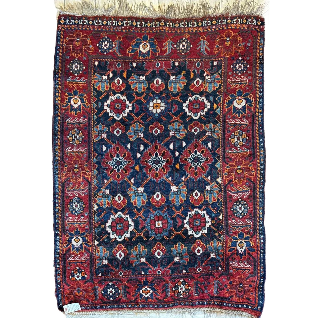 Rare 1920s Khamseh Southwest Persian rug, full view, intricate geometric floral patterns, wool