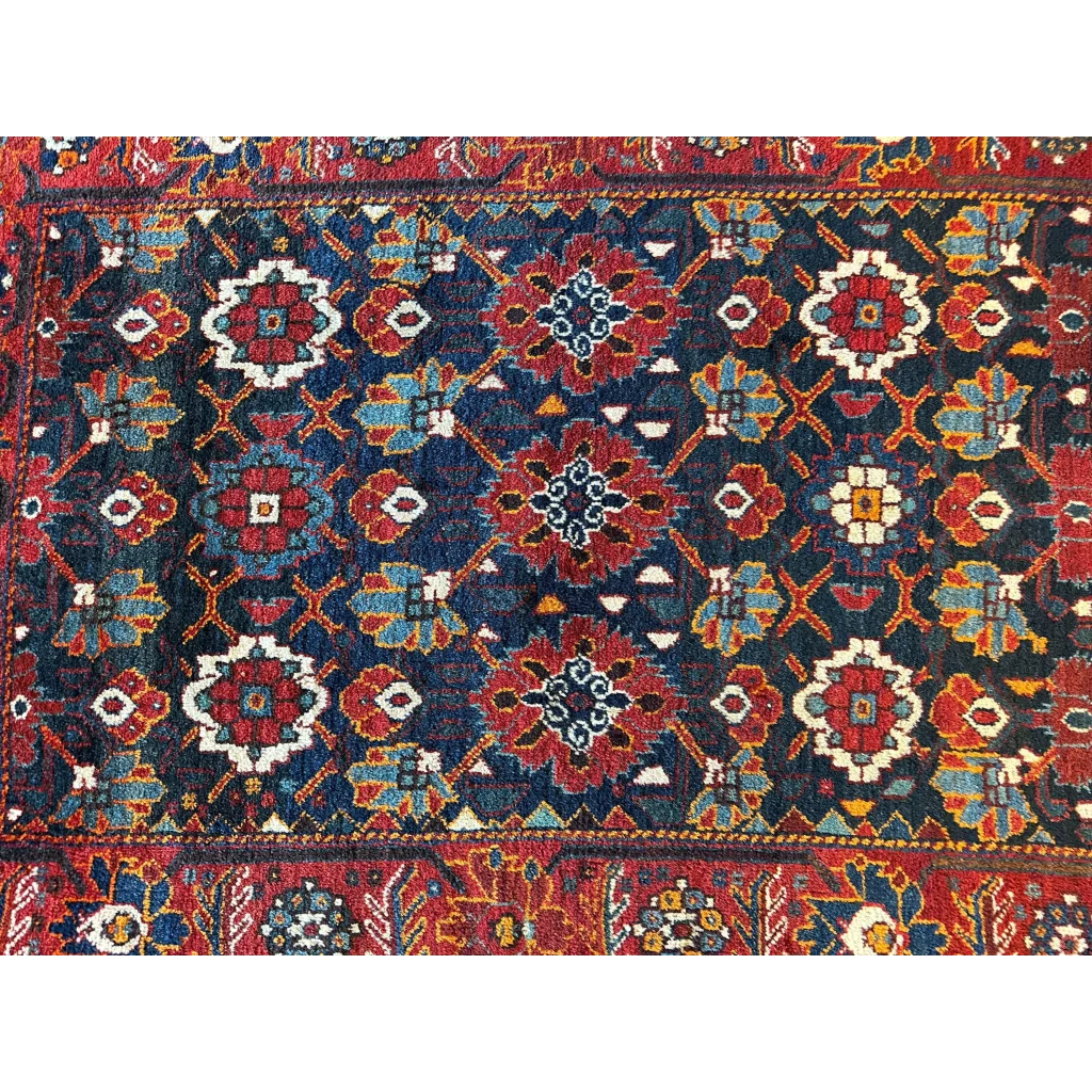 1920s Khamseh Southwest Persian tribal rug, field detail of geometric floral motifs, hand-knotted
